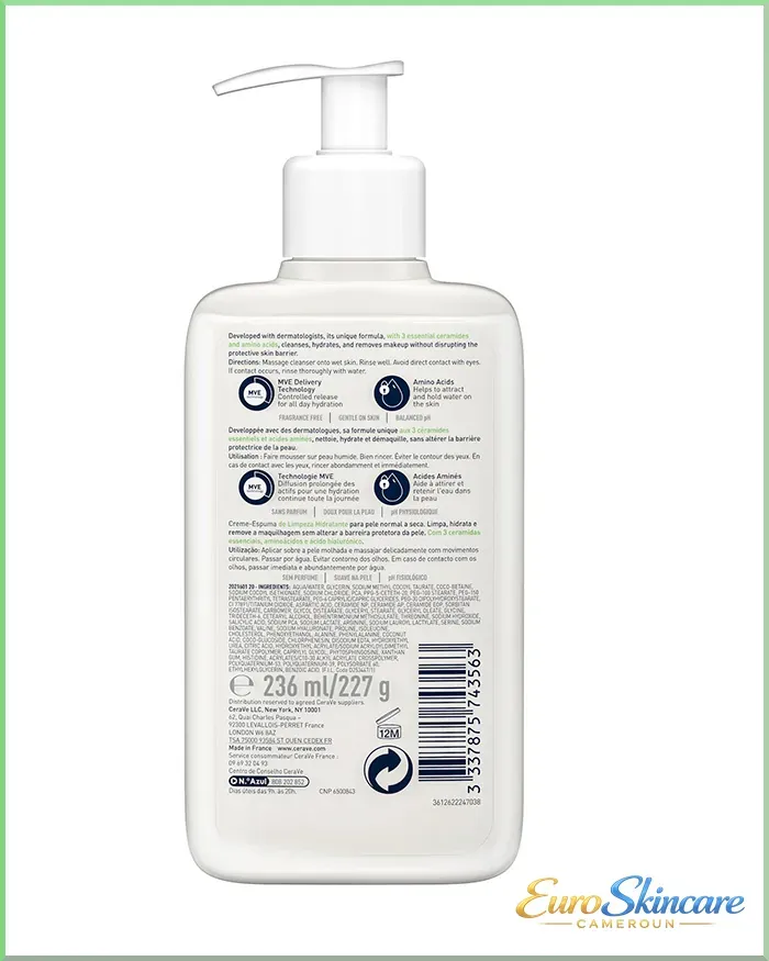Creme Moussante Nettoyante Hydratante 236ml-Packshot Back_euro-skincare-cameroun.webp